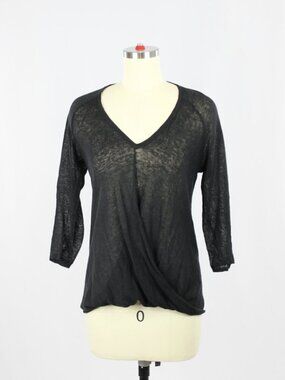 BROCHU WALKER Black Slub Linen Jersey 3/4 Sleeve Draped Front T-Shirt, Size P